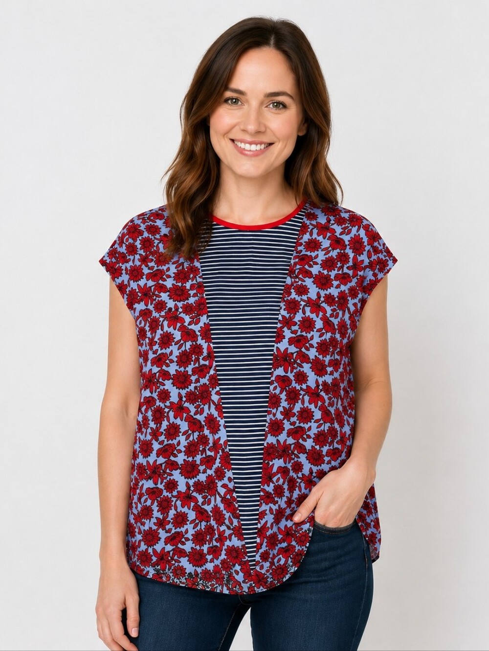 Dalia Navy Red Floral Striped Mix Print  Blouse